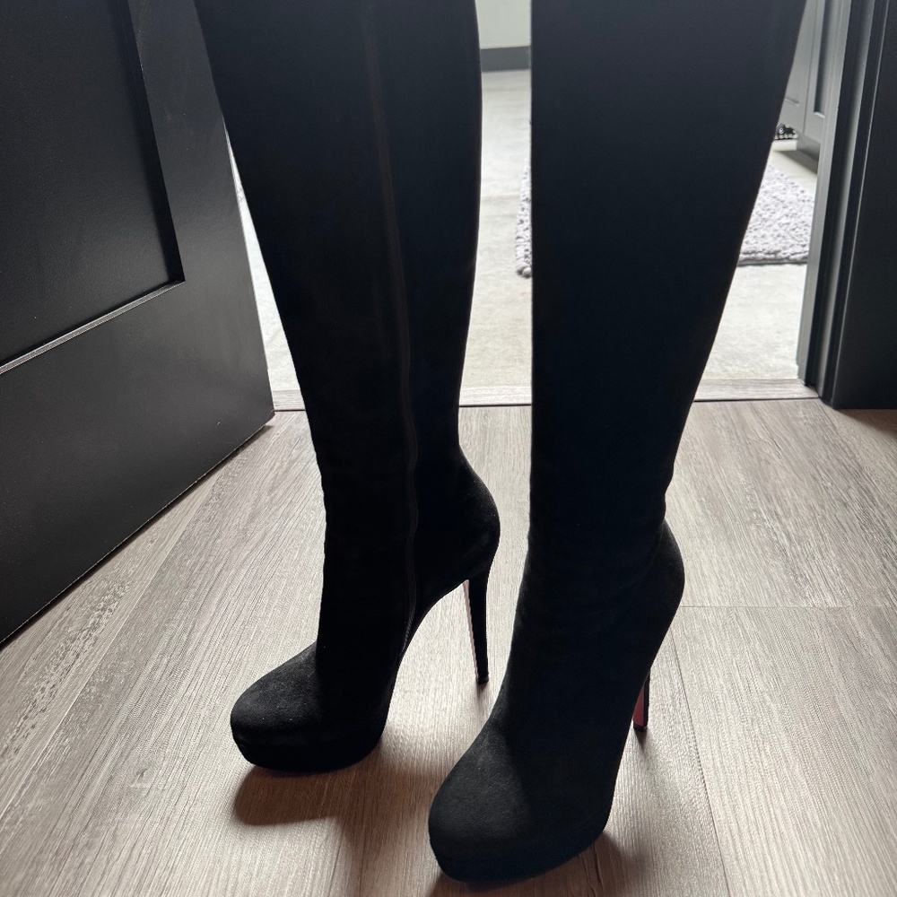 Christian Louboutin Suede Black Knee High Platform Boots